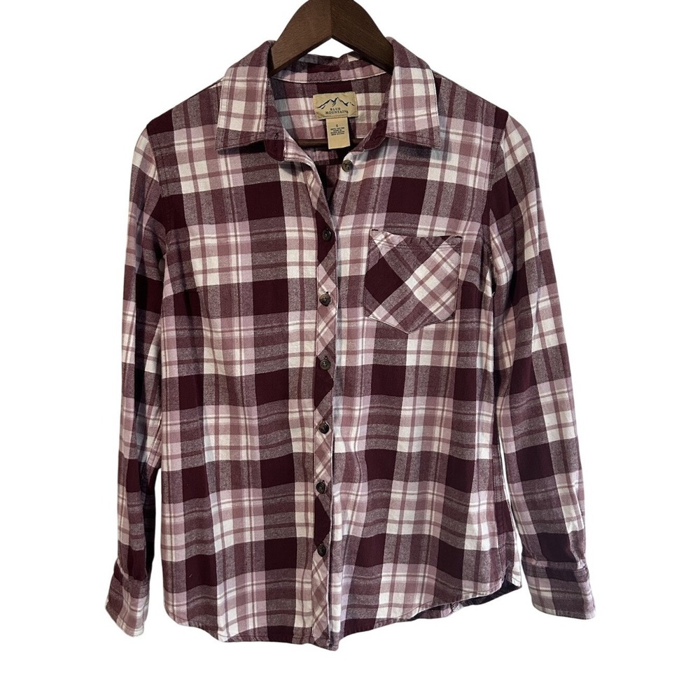 Blue Mountain Women Size Small Plaid Flannel Burgundy Long‎ Sleeve Shirt Western